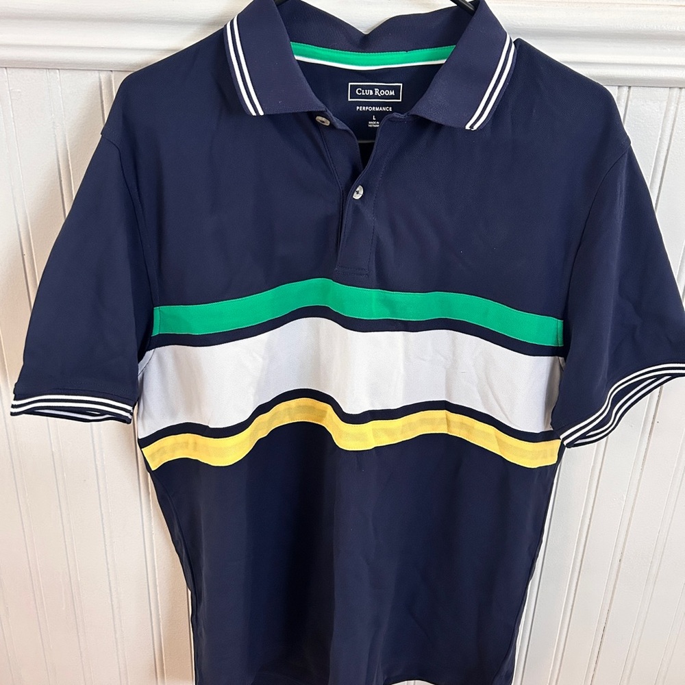 Club Room Men's Polo with Navy, Green, White, and Yellow Stripes